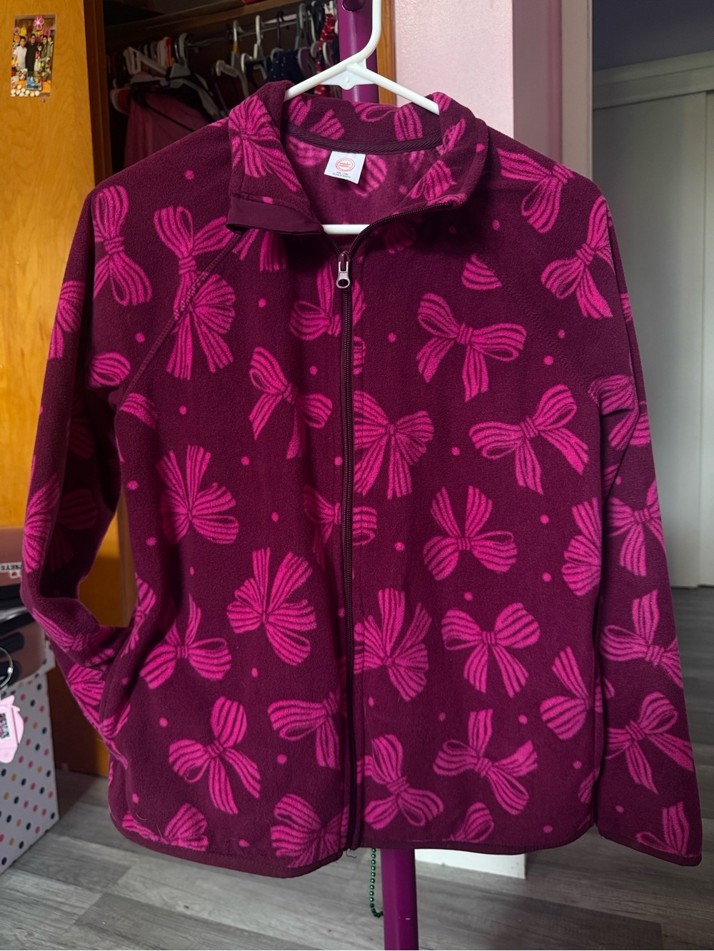 wonder nation Burgundy Fleece Jacket with Pink Bow Pattern